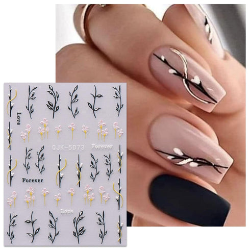 JMEOWIO 6 Sheets 3D Embossed Spring Flower Nail Art Stickers, Self-Adhesive Decals for Summer Nail Design