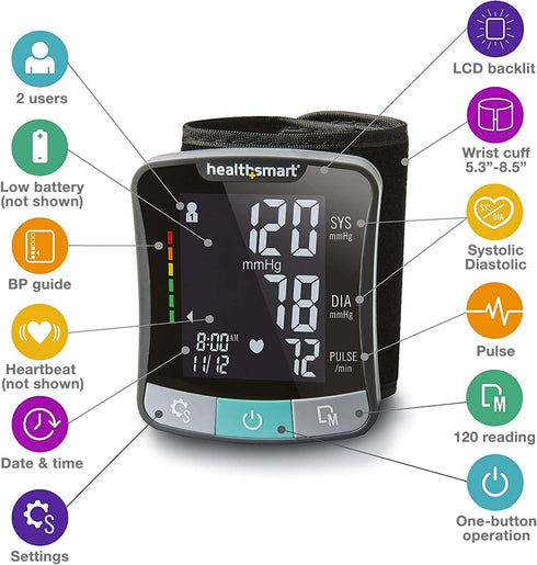 HealthSmart Digital Premium Wrist Blood Pressure Monitor, Cuff Measures Pulse Heartbeat, High or Low BP, 120 Reading