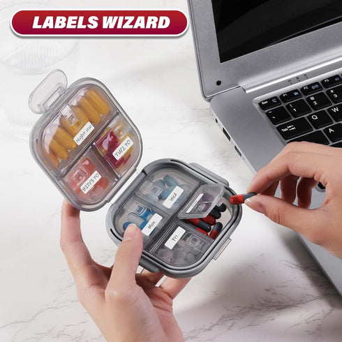 THERAVIX 7 Pill Organizer Travel, Pill Box Day with Labels, Airtight Daily Small Pill Case with Double Lock