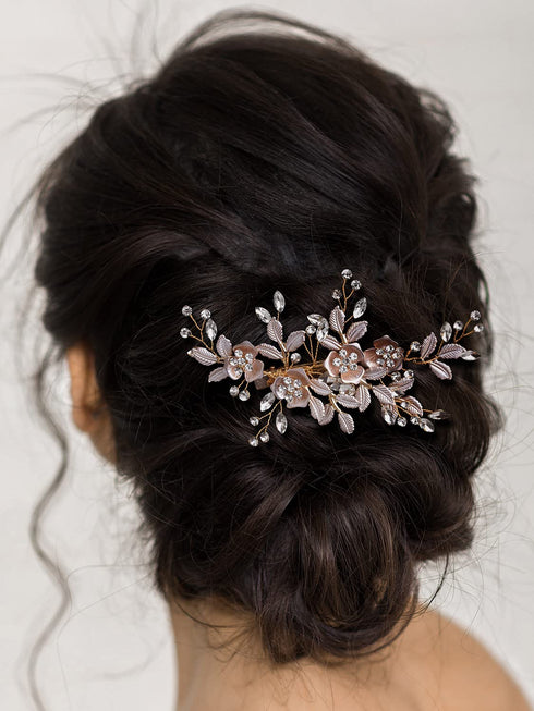 SWEETV Light Rose Gold Rhinestone Wedding Clip Bridal Comb Barrette - Handmade Flower Head Pieces for Women