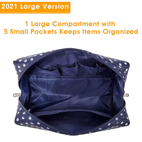 Narwey Cute Makeup Bag, Travel Cosmetic Organizer with Compartments for Women Girls in Large Polka Dot Design