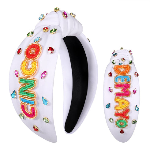 Mexican Headband for Women - Cinco De Mayo Beaded Fiesta Knotted Headband with Rhinestone Crystal Embellishments