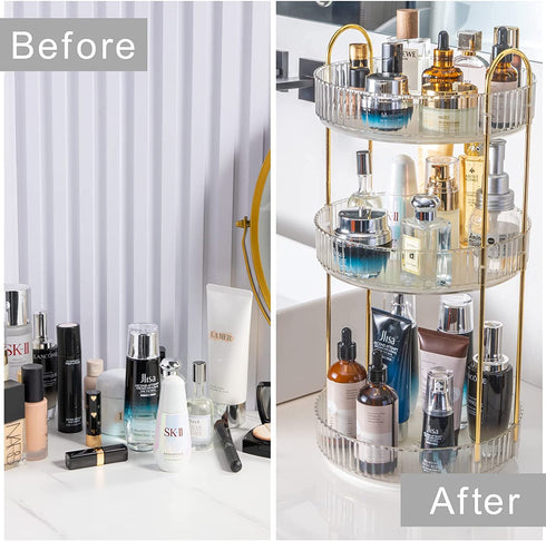 Rotating Makeup Organizer for Vanity | 3 Tier High-Capacity Clear Cosmetic Storage, Perfume Organizers, Dresser