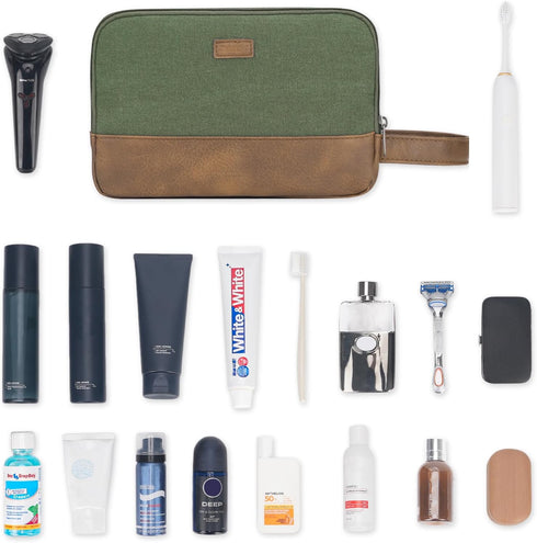 WANDF Travel Toiletry Bag for Men, Leather and Canvas Dopp Kit, Small Bathroom Bag for Travel Accessories (Green)