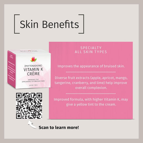Reviva Labs Vitamin K Crème, 2 Oz for Bruising, Under-Eye Dark Circles, Wrinkles, Soybean Oil, Natural Fruit Extracts