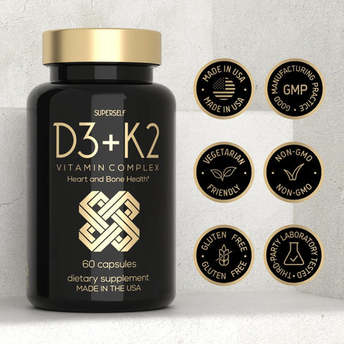 Vitamin D3 K2 Capsules, 5000 IU Vitamin D3 and 100mcg Vitamin K MK7, 60 Capsules, USA Made Vegetarian Supplement