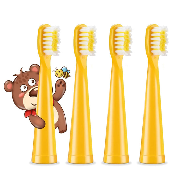 Vekkia Bear Kids Electric Toothbrush Replacement Heads, 7X More Plaque Removal, Soft Bristles, 4 Pack, Yellow
