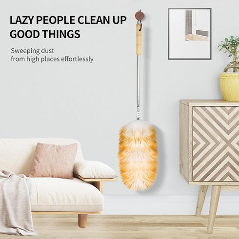 Natural Feathers Duster, Lambswool Duster with Solid Wooden Long Handle, Stainless Steel Extension Pole for Cleaning
