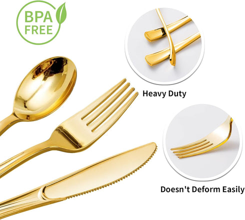 Goodluck 150 Gold Plastic Silverware Set, Disposable Plastic Cutlery of 50 Gold Forks, 50 Gold Spoons, 50 Gold Knives