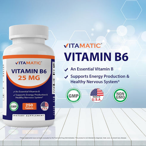 Vitamatic Vitamin B6 (Pyridoxine HCI) 25 mg, 250 Vegetarian Tablets | Promotes Energy Production and Immune Health