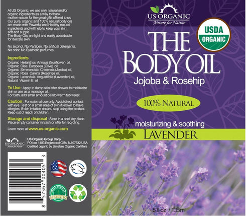 US Organic Body Oil - Elegant Lavender - Jojoba and Rosehip Oil, Certified Organic, 5 Fl.oz.