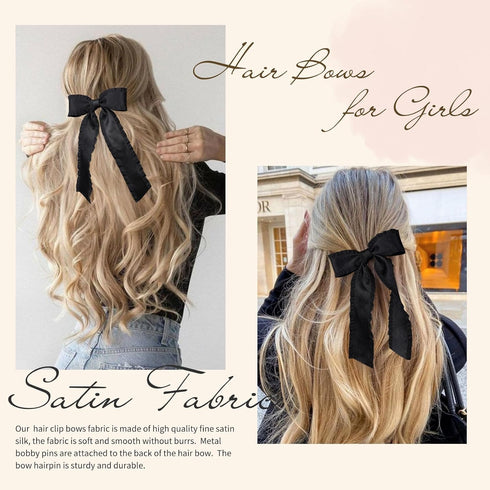VOBOBE 2PCS Black Hair Bows for Women Girls, Tassel Hair Ribbon Bowknot Clips Barrettes with Long Tail
