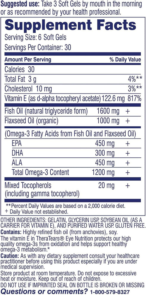 TheraTears Omega 3 Supplement for Eye Care, 1200mg Fish Oil, Organic Flaxseed Oil with Vitamin E, 180 Count