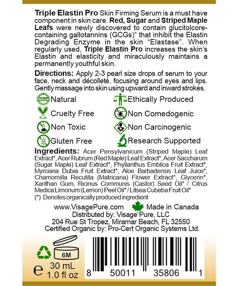 Triple Elastin Pro - Skin Firming Face Serum - Increases Skin's Elastin and Elasticity - USDA Organic