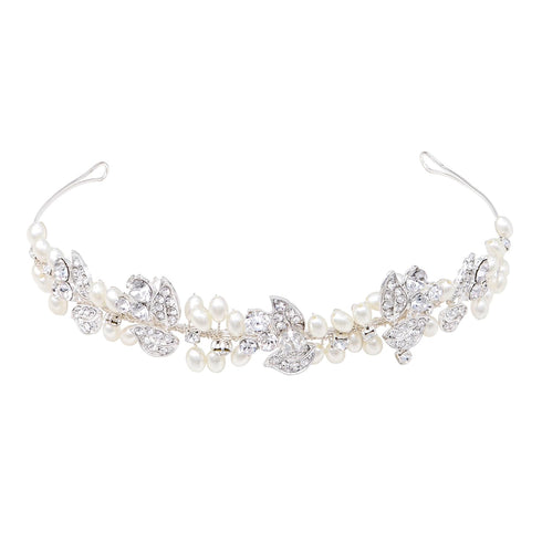 Wedding Headband with Pearls and Crystals, Rhinestone Tiara Headpiece Bridal Hair Accessories for Women (Silver)