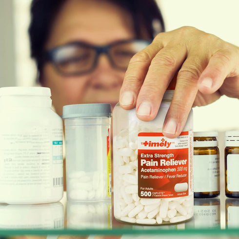 Timely Acetaminophen 500mg, 500 Caplets, Extra Strength Pain Relief, Compared to the active ingredient in Extra