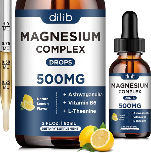 Triple Magnesium Complex Supplement - Liquid Magnesium Glycinate, Citrate, Malate 500mg with Ashwagandha & Vitamin B6