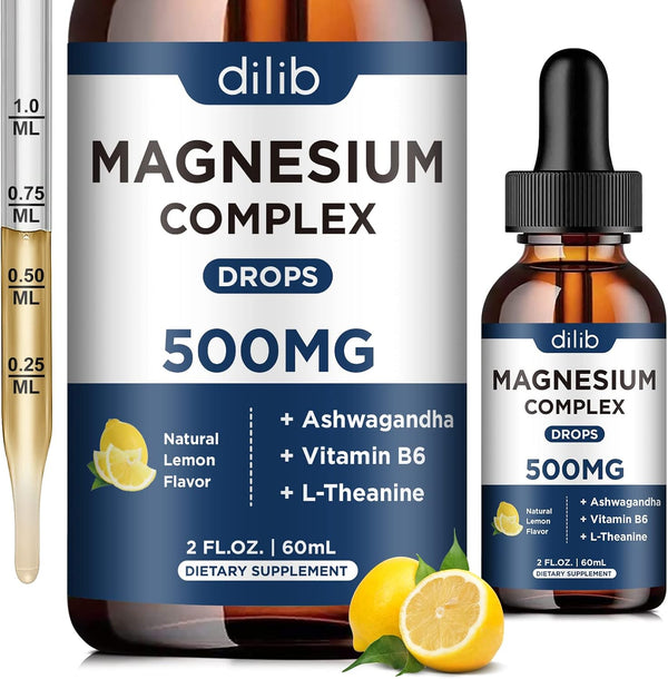 Triple Magnesium Complex Supplement - Liquid Magnesium Glycinate, Citrate, Malate 500mg with Ashwagandha & Vitamin B6