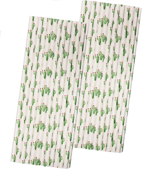 Cactus Themed Paper Straws - Green White Succulents - 50 Pack