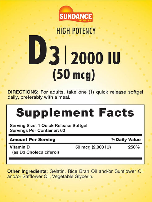 Sundance High Potency Vitamin D3 | 2000 IU (50 mcg) | 60 Quick Release Softgels | Non-GMO and Gluten Free Supplement