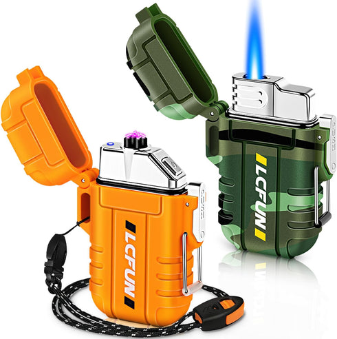 LcFun Waterproof Lighter 2 Pack - Refillable Butane Torch Lighters, USB C Rechargeable Windproof Dual Arc Plasma