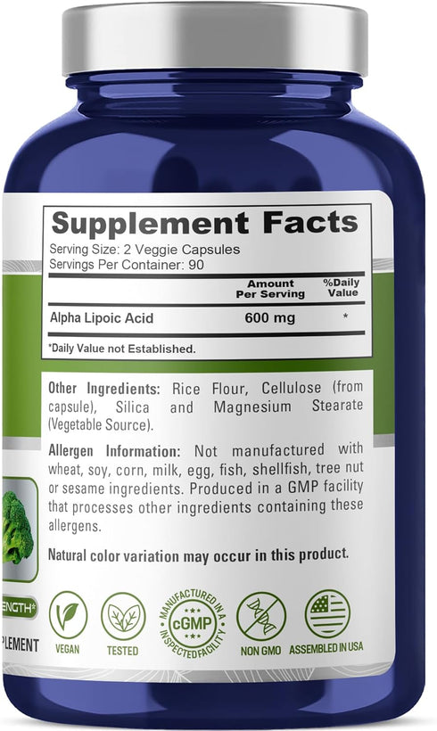 NusaPure Alpha Lipoic Acid 600 mg - 180 Veggie Capsules (Vegan, Non-GMO)