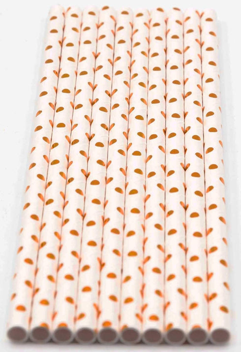 Pack of 150 Rose Gold Polka Dot Foil Biodegradable Paper Drinking Straws, 4-Ply, Compostable, Non-toxic