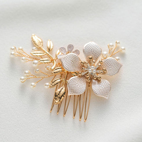SWEETV Gold Bridal Hair Clip, Floral Hair Comb Barrette for Brides Wedding