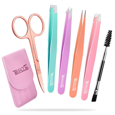 TsMADDTs 6 PCS Tweezers Set for Women, Eyebrow Tweezers with Curved Scissor for Ingrown Hair, Daily Beauty Tools with