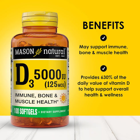 MASON NATURAL Vitamin D3 125 mcg (5000 IU) - Supports Overall Health, Strengthens Bones, 50 Softgels (Pack of 3)