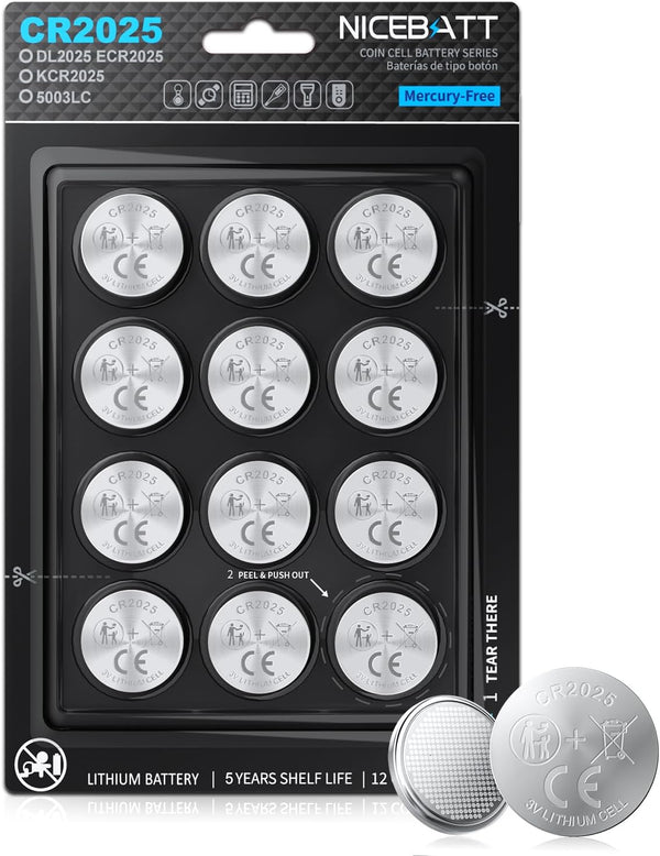 NICEBATT Cr2025 3V Lithium Battery 12 Pack, High Capacity 2025 Batteries for Key