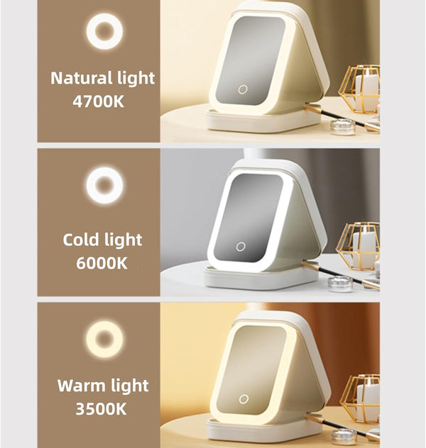 LED Three-Color Adjustable Makeup Mirror, Portable Rechargeable Organizer with Lights, Waterproof Jewelry Box