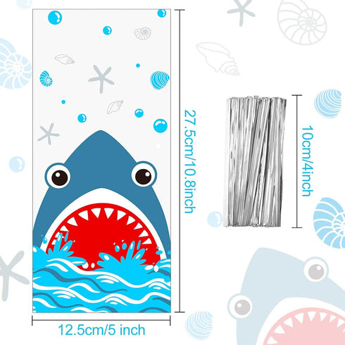 100 Pieces Shark Party Bags - 12.5 x 27.5 cm Plastic Candy Bags with 100 Silver Twist Ties for Summer Ocean Party