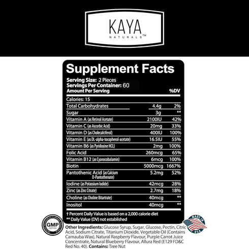 Kaya Naturals Hair Growth Gummies - Biotin 5000mcg Vitamins for Healthy Hair, Skin, and Nails - Beauty Supplement for Women or Men - 120 Count - Blueberry Flavor