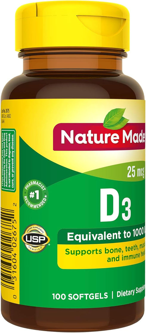 Nature Made Vitamin D3 1000 IU (25 mcg), 100 Softgels, Dietary Supplement for Bone, Teeth, Muscle & Immune Health