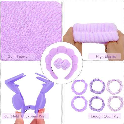YISSION Purple Spa Headband & Wristband Set, Skincare Headband & Wrist Bands for Washing Face, Makeup Hair Scrunchies