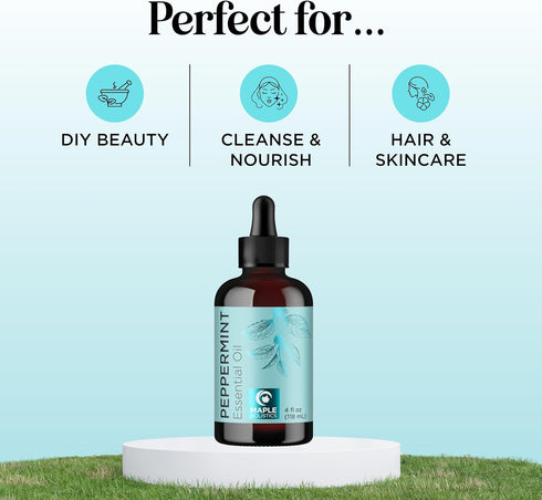 Peppermint Essential Oil for Diffuser Aromatherapy, 100% Pure Oil for Hair, Skin, Nails, and Topical Uses, 4oz