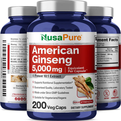 NusaPure American Ginseng 10:1 Extract, 500 mg Equivalent to 5000mg - 200 Veggie Capsules, Non-GMO, Vegan
