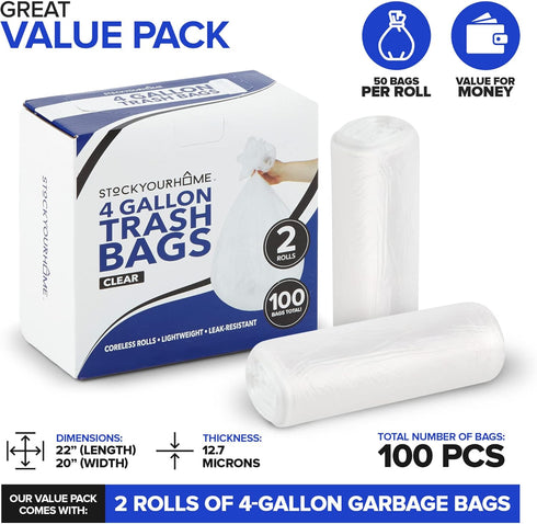 Stock Your Home 4 Gallon Garbage Bags, 100 Count, Leakproof, Versatile Usage, Grab-n-Go