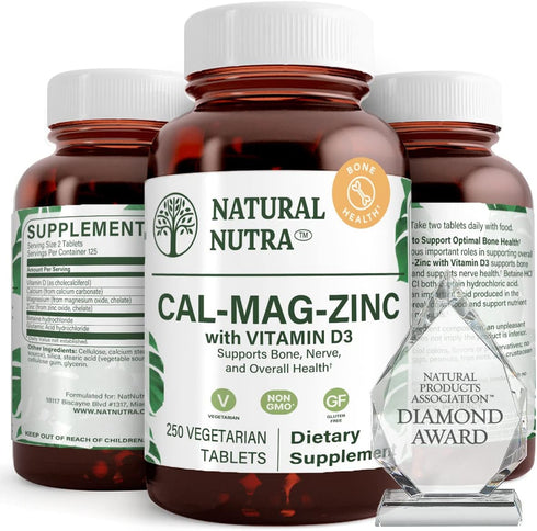 Calcium Magnesium Zinc Supplement with Vitamin D3 by Natural Nutra, 250 Count, Gluten Free and Sugar-Free