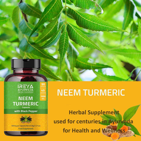 Neem Turmeric Capsules, 90 Capsules 1000mg, Neem Black Pepper Turmeric Supplement