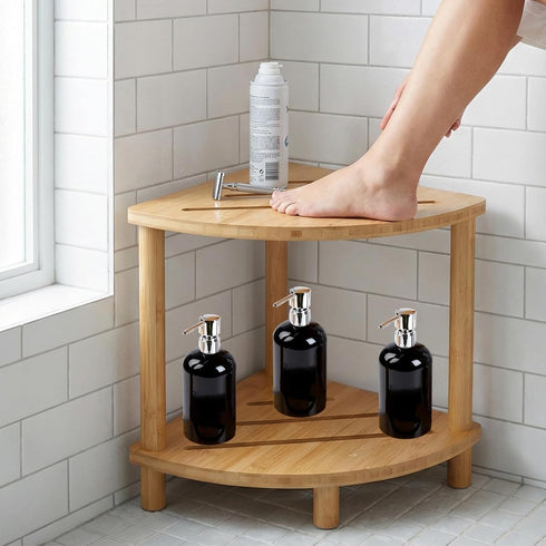 LZDGCC 2-Tier Bamboo Corner Shower Stool, Non-Slip Adjustable Shower Feet Stool for Shaving Legs, Shower Foot Rest