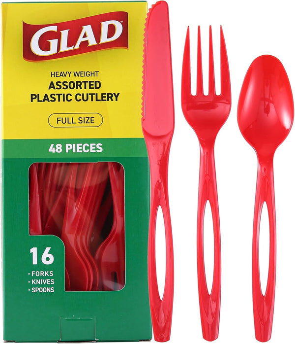 Glad Heavy Duty Full Size Assorted Plastic Cutlery Set, Red Extra Heavy Duty Forks, Knives, and Spoons (Pack of 48)