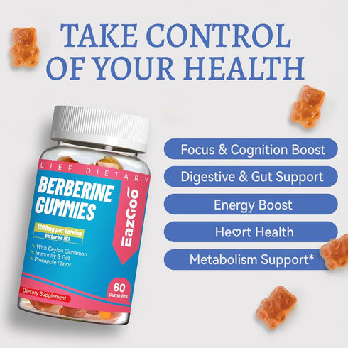Berberine with Ceylon Cinnamon,1200mg Berberine Supplement for Men & Women, Immune System & Metabolism Support- 60 Count Vegan Gummies, Pineapple Flavor