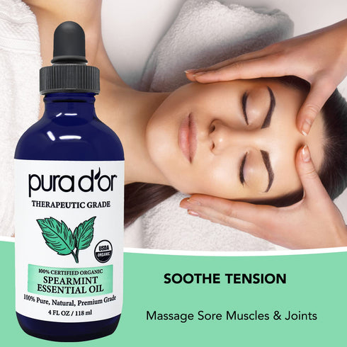 PURA D'OR Organic Spearmint Essential Oil (4oz with Glass Dropper) 100% Pure & Natural for Aromatherapy