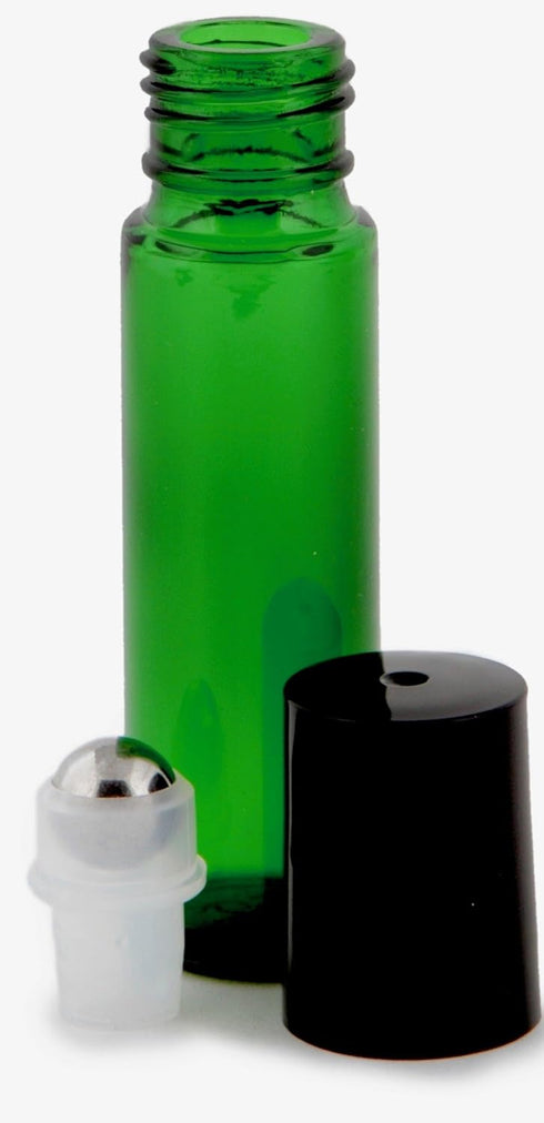 Vivaplex 10 ml Green Glass Roll-on Bottles with Stainless Steel Roller Balls - .5 ml Dropper Included