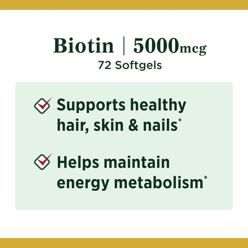 Nature's Bounty Biotin Vitamin Supplement, 5000 mcg, 72 Softgels - Supports Metabolism for Healthy Hair, Skin & Nails
