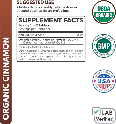 USDA Organic Ceylon Cinnamon - 1000mg Cinnamon Quill Powder per Serving, 120 Tablets for Metabolism, Cognitive, Joint