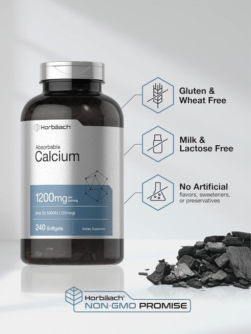 Horbaach Calcium 1200 mg with Vitamin D3, 240 Softgels, 5000 IU, Non-GMO, Gluten Free Absorbable Supplement