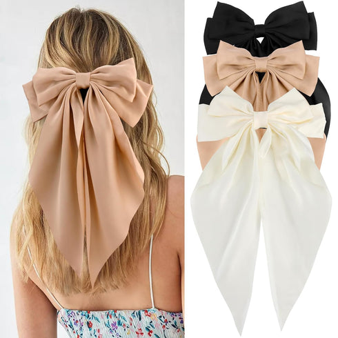 VELSCRUN Hair Bows for Women - 3Pcs Big Hair Clips in White, Black, Brown - Silky Satin Hair Barrettes for Long Hair